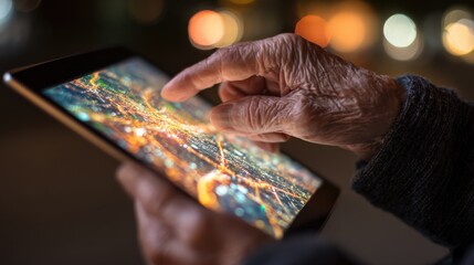 Senior adult using touchscreen tablet at night, exploring modern technology and city maps with bokeh lights