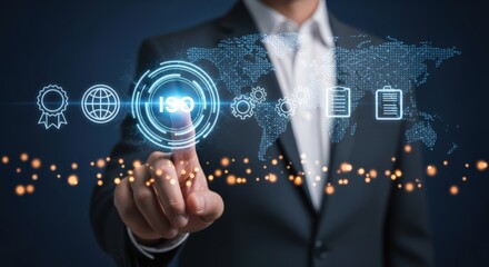 ISO Certification Concept: Businessman Interacting with a Digital Interface Representing Standards and Global Compliance