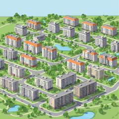 Suburban Residential Area with Apartment Buildings and Green Spaces.