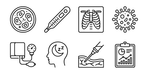 Medical testing line icon set, symptoms and clinical examination