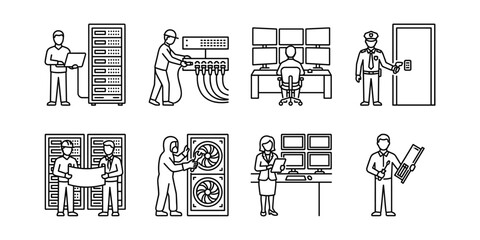 Data center line icon set, server racks and technicians