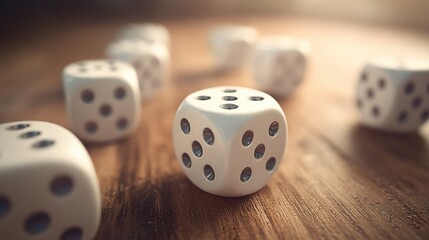 Dice Game Photography: Close-Up of Rolling White Dice on Wooden Background, Gambling and Casino Concept