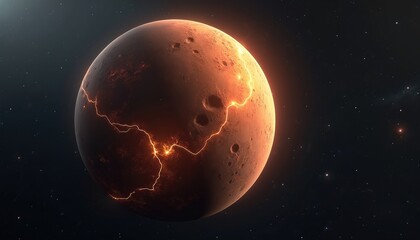 Fototapeta premium Planetary body with glowing orange veins across cracked surface, seen in deep space. Craters mark its texture. Celestial body emits bright light.