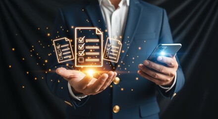 Digital Checklist Concept: Businessman Holding Smartphone with Glowing List Icons for Task Management