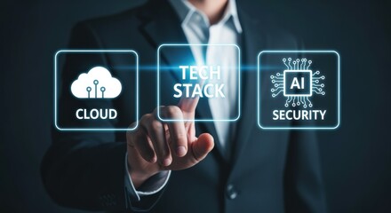 Tech Stack Presentation: Businessman Interacting with Cloud Computing, AI Security, and Digital Technology Interface