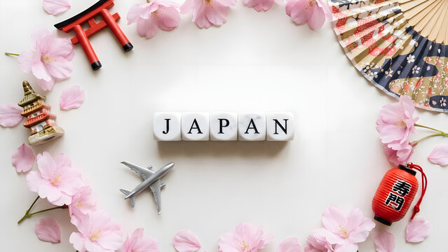 Vibrant Japan travel concept with cherry blossoms and iconic landmarks
