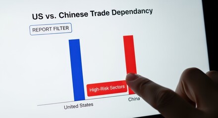 US-China trade dependency illustrated in a bar graph on a digital tablet, business and economic concept