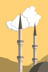 Vector illustration of an architectural mosque dome and two minarets with a cloud, hill and sky.