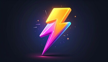 3D lightning bolt icon with vibrant yellow and pink gradient, neon glow, and sparkling particles. A glossy, stylized thunder symbol representing energy and power on a black background. For screen.