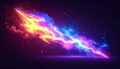 Futuristic neon lightning bolt with vibrant yellow, pink, and blue energy strike. Dynamic power flash with abstract sparks and colorful smoke on a black background. Sci-fi electric discharge concept.