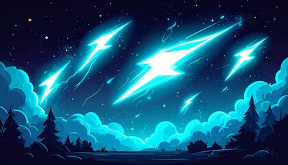 Stylized meteor shower of neon cyan lightning bolts across a starry night sky. Fantasy landscape with forest silhouette and glowing clouds, isolated on a black background for overlay effect.