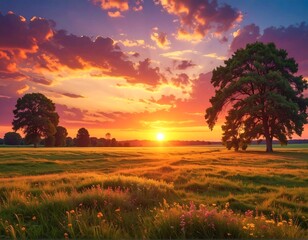 Vivid sunset over a field with trees, colorful sky, and dramatic clouds