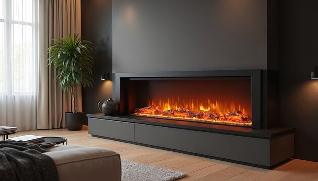 Modern electric fireplace with realistic flame effects provides warmth, ambiance in sleek black frame. Integrated into minimalist living room with wooden floor, large window. Contemporary home decor