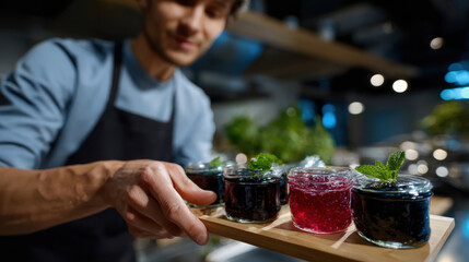 A young man presents a tray filled with jars of colorful jam, showcasing the artistry behind homemade preserves and the joy of sharing culinary creations.