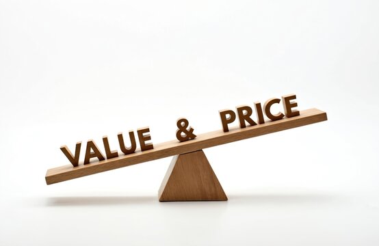 Wooden words VALUE and PRICE sit on a balanced seesaw. Concept represents comparison between worth and cost, trade-offs in business decisions, or fair pricing strategies for goods and services.