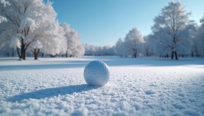 White golf ball rests on snow covered ground. Frosted trees line winter fairway under clear blue sky. Bright sunlight casts long shadow on white landscape. Cold day for outdoor sport.