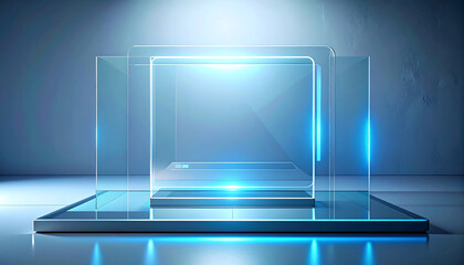 Futuristic transparent glass display platform with glowing blue light in a modern minimal studio setting, suitable for technology presentations, product showcases, and digital interface concepts.