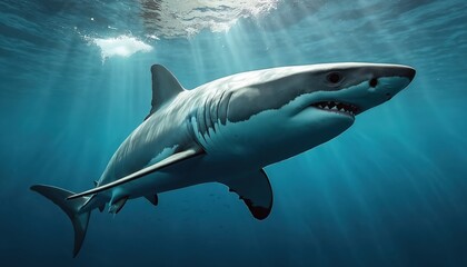 Fototapeta premium Great white swims in deep blue ocean water. Powerful marine predator shows sharp teeth and fins. Sun rays shine through surface above this apex hunter.