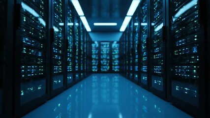 Vast digital network corridor showcasing actively operating server racks in a high-tech data facility - Powered by Adobe