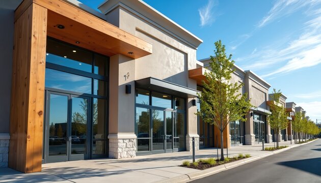 Modern strip mall with beige stucco walls and large glass doors. Wooden accents add warmth to building exteriors on a clear, sunny day. Lined with young trees and landscaping.