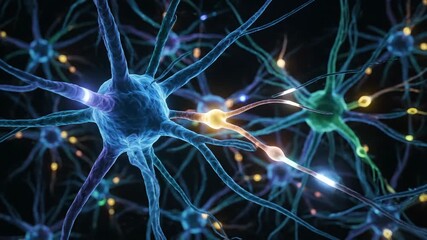 A close-up abstract 3d rendering illustrates an intricate network of deep blue neurons firing electrical signals in a dark, scientific environment. - Powered by Adobe