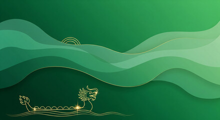 Vibrant Dragon Boat Festival concept vector background design with golden boat and flowing green waves