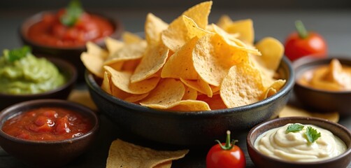 Crispy tortilla chips arranged in bowl with various dips including guacamole salsa and cheese sauce. Perfect snack assortment for parties and gatherings ready for dipping and enjoying.