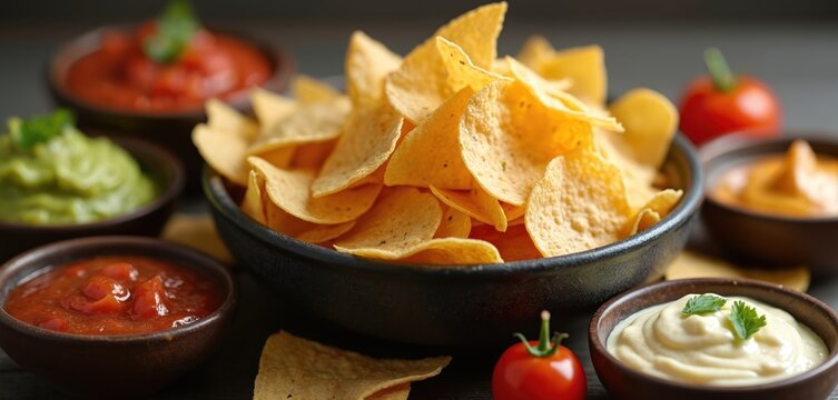 Crispy tortilla chips arranged in bowl with various dips including guacamole salsa and cheese sauce. Perfect snack assortment for parties and gatherings ready for dipping and enjoying. - Powered by Adobe