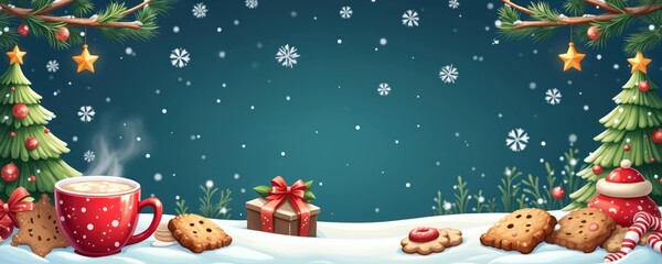 Christmas scene with decorated tree, hot cocoa cup, cookies, candy canes, and gift box in snow. Festive holiday background for winter celebrations with snowflakes falling gently.