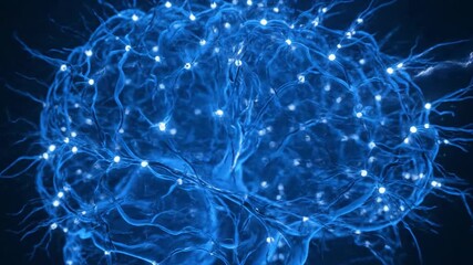 A futuristic deep blue 3d digital illustration captures the complex human brain structure, showing glowing neural networks firing synapses against a dark, abstract background. - Powered by Adobe