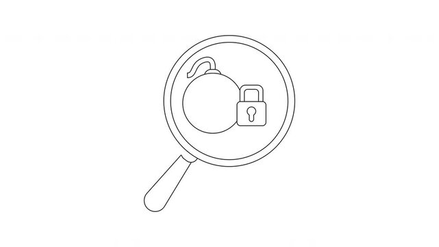 A magnifying glass focuses on a bomb and a padlock
