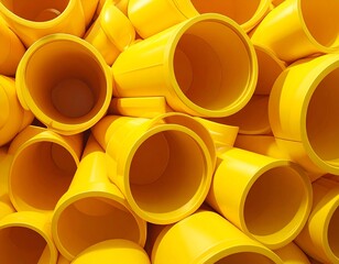 A close-up, overhead shot shows a jumbled pile of bright yellow, open-ended cylinders