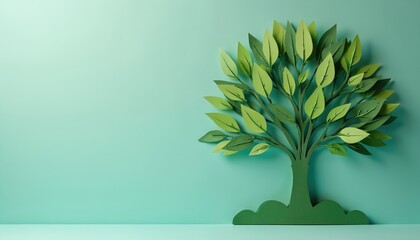 Green paper tree with leaves on turquoise background. Represents nature, growth, and eco concepts. Suitable for Earth Day and environmental themes. Offers space for text.