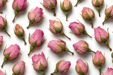 Fototapeta premium Flower pattern made of pink, beige roses flower buds on white background. Flat lay, top view.