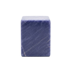 A close-up studio shot of a smooth, polished cube made of blue stone with white veining, isolated on a white background