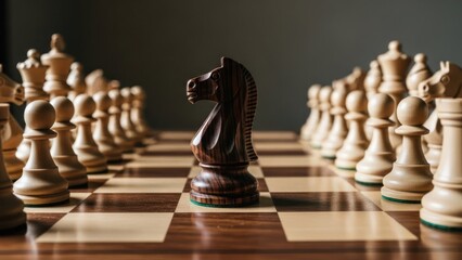 A chess game in progress, focus on the knight piece. White and dark pieces stand ready