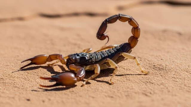 A close-up of a scorpion with its tail curved over its back on a sandy surface
