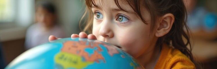 Curious girl studies globe with focus. Young student learns about world geography and global discovery. Child eye explores planet, education, and future.