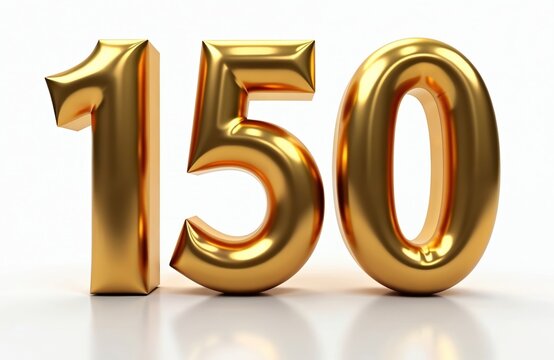 Shiny gold number 150 floats on white. Perfect for finance and sale promotions. Use for anniversaries or business milestones. Great for pricing and economic themes. Celebrates achievements.