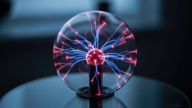 A plasma globe displays vibrant electrical arcs within a clear sphere, on a shiny base - Powered by Adobe