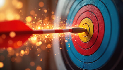 Red dart flies into bullseye of colorful target board. Precision shot with sparks flying, focus on goal achievement and success. Game competition and accuracy.