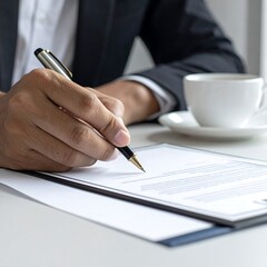 A hand in a suit signing a document, a white mug rests nearby on a bright white table