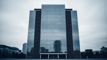 Obraz premium A tall, modern building with a glass facade reflects the cloudy sky