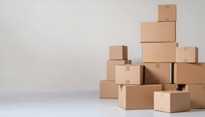 A stack of brown cardboard boxes of various sizes on a light gray floor against a plain white wall with a neutral color palette.