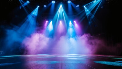 A dark stage with blue and purple lights shining through fog, creating a vibrant atmosphere with a mix of colorful beams and smoke.