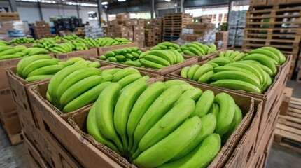 Rows of wooden crates filled with green bananas in a warehouse with pallets and boxes in the background.