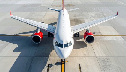 A white passenger aircraft with red accents sits stationary on a concrete surface