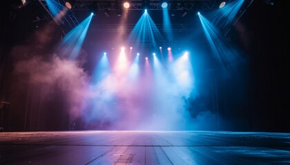 A dimly lit stage with blue and pink spotlights shining through fog, creating a vibrant atmosphere with a dark background and tiled floor.