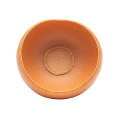 A top-down view of a simple, empty, and rustic wooden bowl on a clean white background