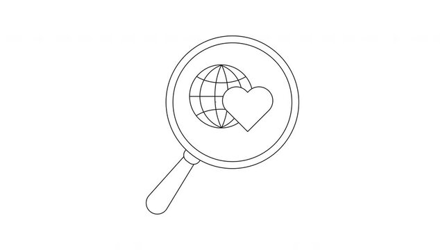 A magnifying glass focuses on a globe with gridlines and a heart symbol Black outlines detail the shapes